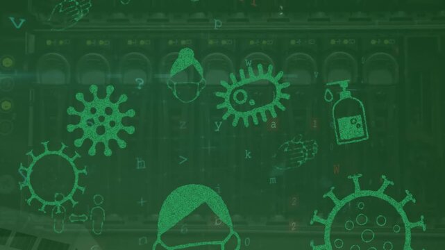 Animation of icons and cyberattack warning over server