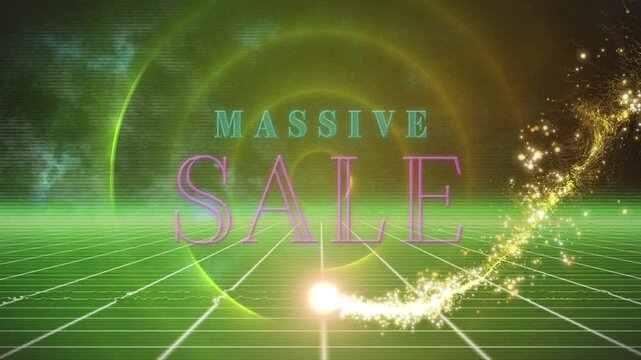 Animation of massive sale text over light spots and lines on black background