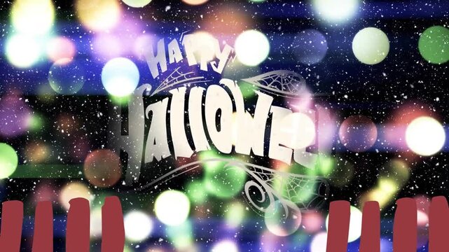 Animation of snow falling and light trails over happy halloween text on black background