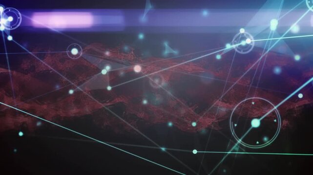Animation of dots connected with lines and lens flares moving over abstract pattern