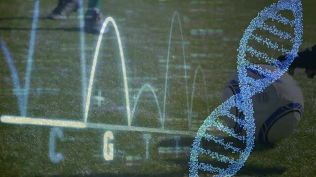 Animation of dna helix and graphs with letters over low section of football player with soccer ball