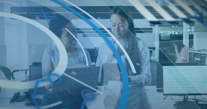 Animation of financial data processing over diverse business people working at office