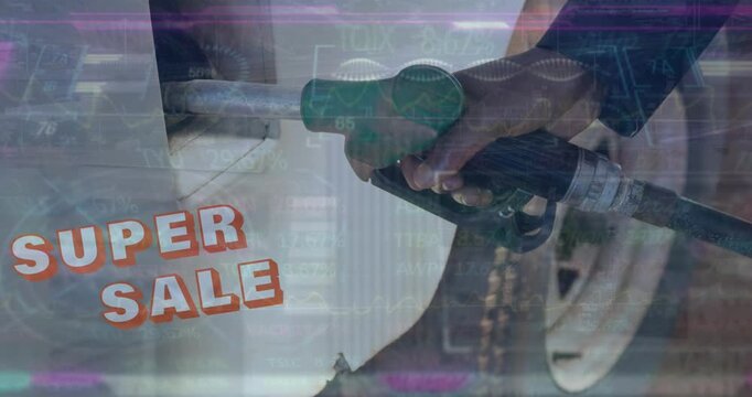 Animation of super sale text and data processing over woman fueling car at gas station