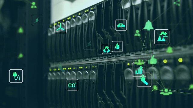 Animation of network of digital icons against close up of computer server
