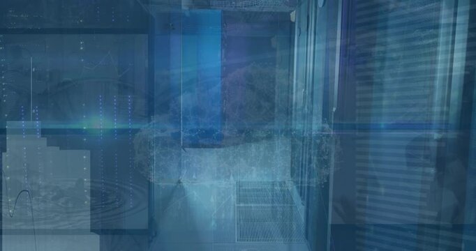 Animation of light spot, statistical data processing and cloud icon against server room