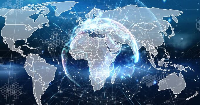 Animation of light trails over world map and globe against blue background