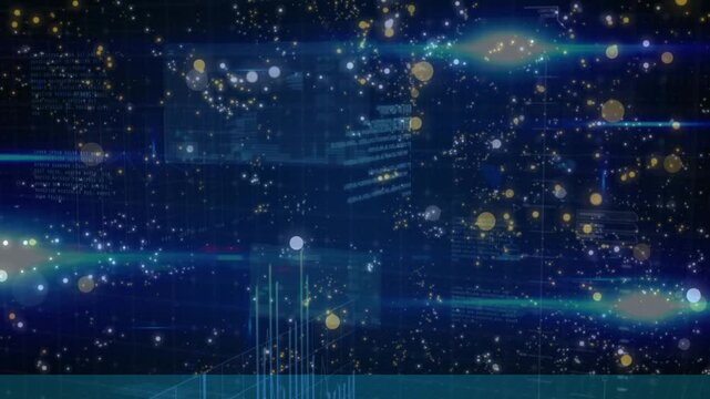 Animation of multicolored lens flares and computer language against abstract background