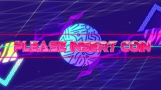 Animation of please insert coin text banner and abstract shapes in seamless pattern on grid network