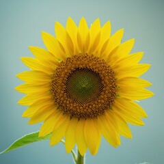 Fototapeta premium Bright yellow sunflower head centered against a smooth, blurred pale blue background providing excellent space for text or overlay, backdrop, empty, large