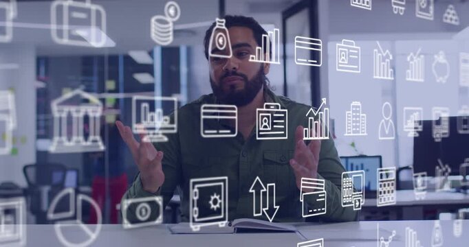 Office worker starting talk, speaking, gesturing to clarify while finance icons drifting over hands