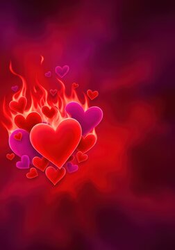 Abstract rendering of passionate love featuring fiery red, crimson, and magenta hearts blending into a deep, emotional background for romance, anniversary, romance, tenderness