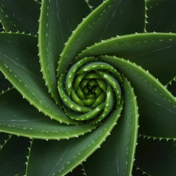 Captivating close-up of a rare spiral aloe succulent displaying its unique geometric phyllotaxis arrangement and fleshy green leaves, geometric, green, fleshy leaves