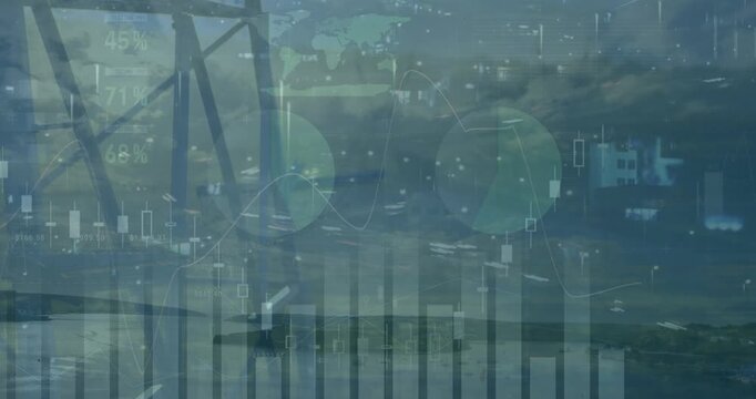 Animation of graphs and financial data over electricity pole at sunset