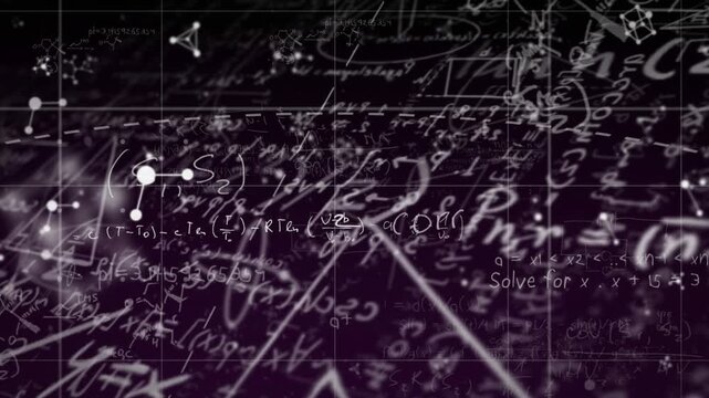 Animation of molecules over math formulas on black background