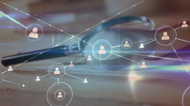 Animation of network of connections with icons over magnifier lying on desk