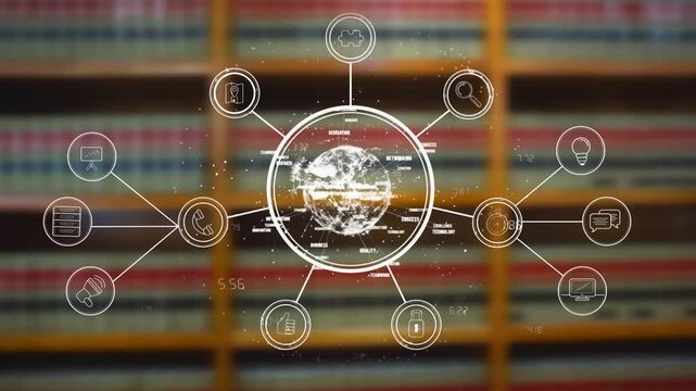 Animation of network of connections with icons over library