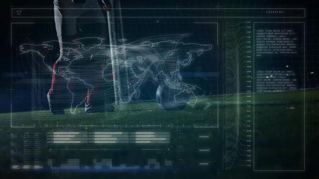 Animation of data processing over caucasian football player on football pitch