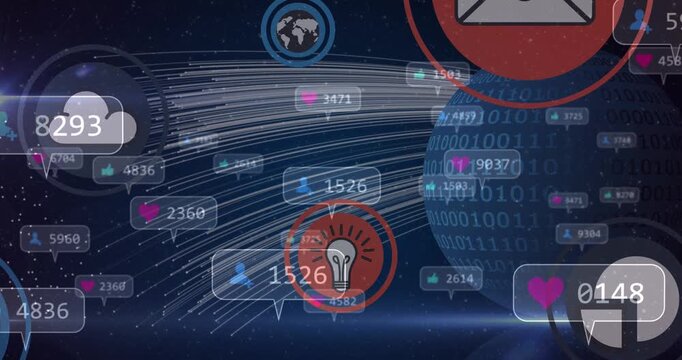 Multiple speech bubbles with digital icons and increasing numbers against light trails over globe