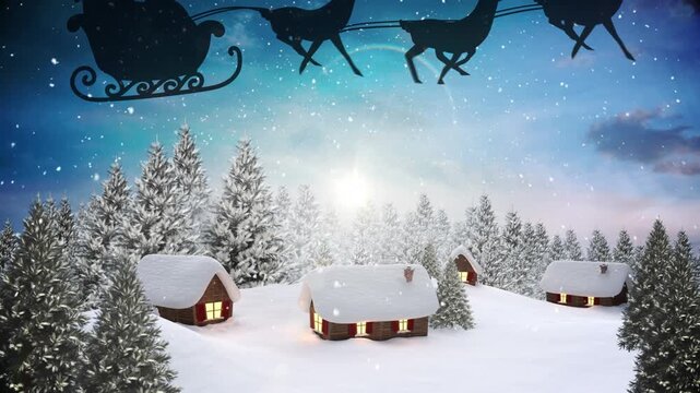 Animation of snow falling over christmas santa claus in sleigh with reindeer and winter scenery