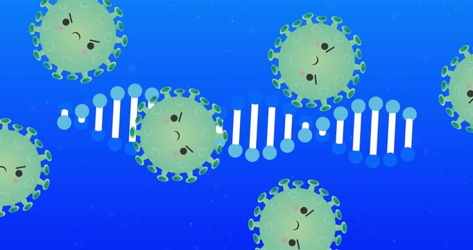 Animation of angry covid 19 cells moving over dna strand spinning