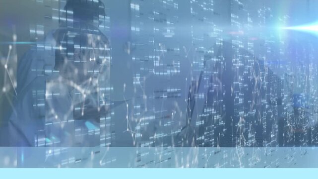 Animation of moving columns and networks of connections over diverse scientists in lab