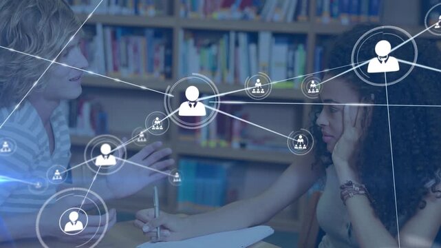 Animation of network of connections over diverse students talking in library