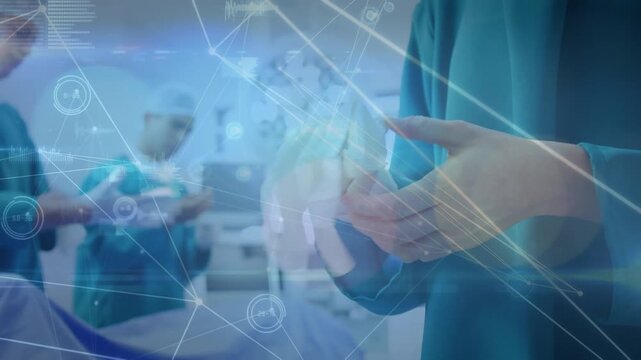 Animation of network lines with medical data over surgeons preparing for surgery in hospital