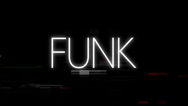 Animation of funk text in white over data processing and interference on black background