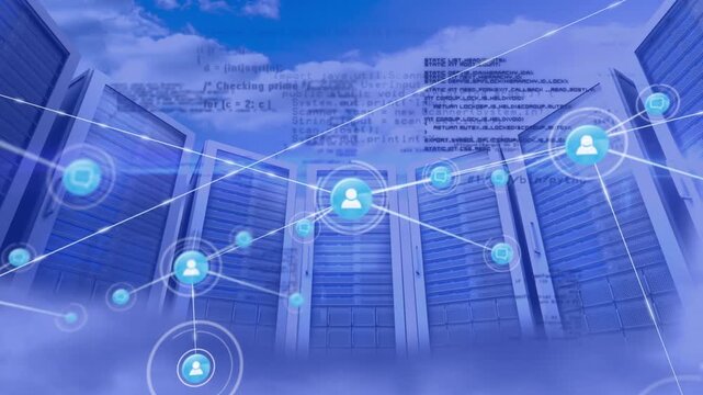 Animation of network of connections with icons and data over computer servers in clouds