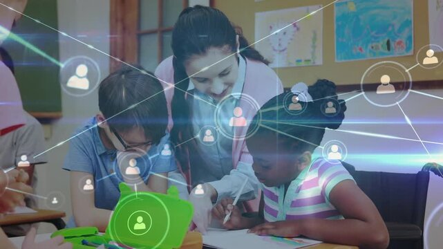 Animation of network of profile icons over caucasian female teacher and students at school