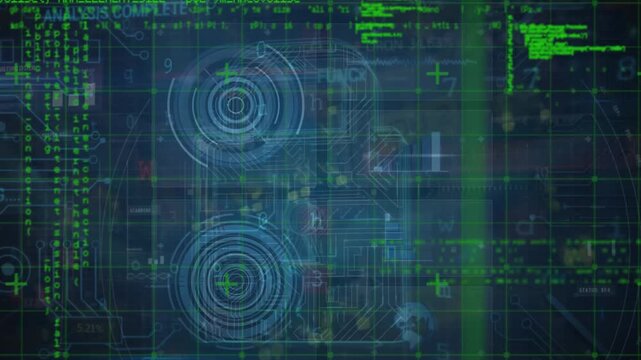 Animation of data processing and cyber attack warning over computer circuit board