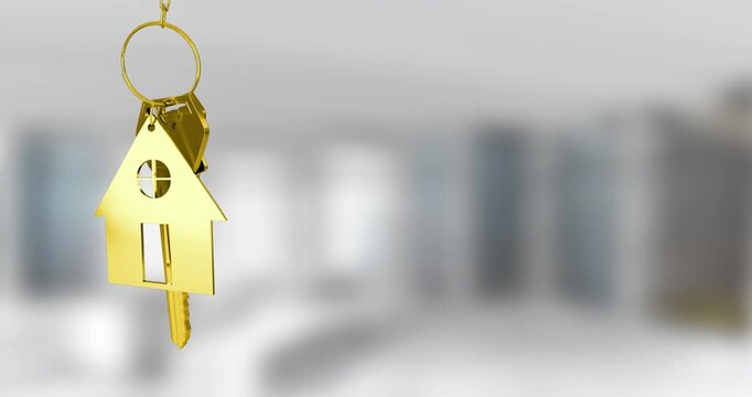 Animation of gold house key fob and key hanging in front of blurred house with for sale sign