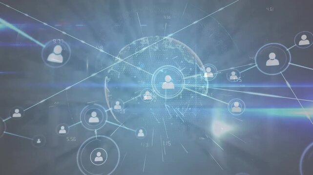 Animation of network of profile icons over globe of network of connections against empty warehouse