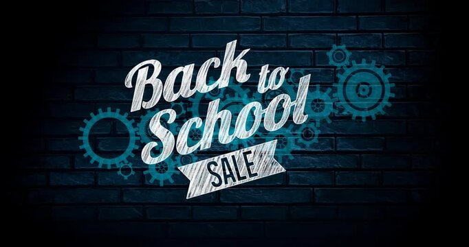 Animation of back to school sale text over cogs