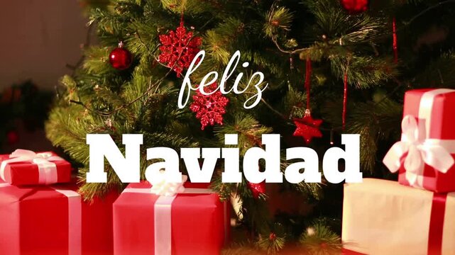 Animation of christmas feliz navidad text over presents and christmas tree
