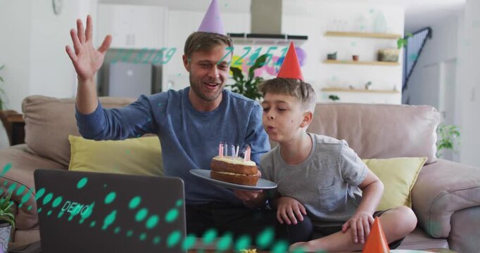 Animation of data processing over caucasian father and son at birthday