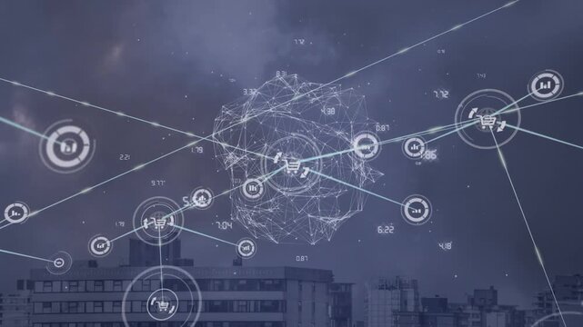 Animation of network of profile icons and globe of network of connections against tall building