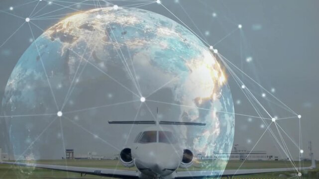 Rotating globe pulsing nodes initiating jet taxiing runway, settling overlay showing connectivity