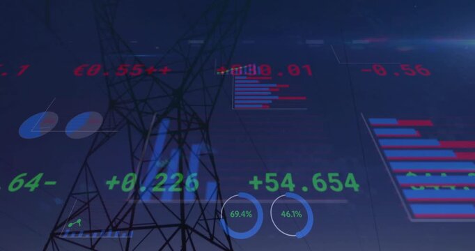 After one second, financial charts appearing on tower silhouette animating rising trends