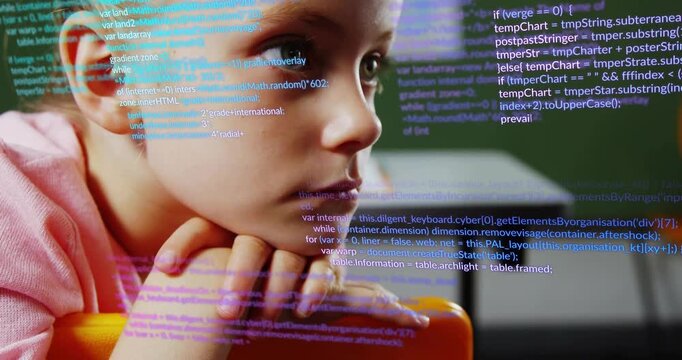 Preteen girl resting chin on orange chair back reacting to code overlay scrolling during education