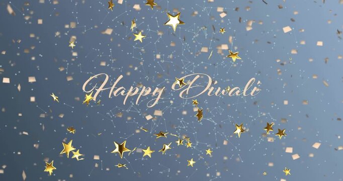 Gradient dotted with sparks starting golden confetti swirling into glowing Happy Diwali greeting