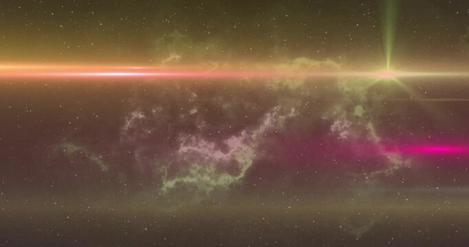 After initial glow beam shifting red, green shaft rising forming flare fading showing energy flow