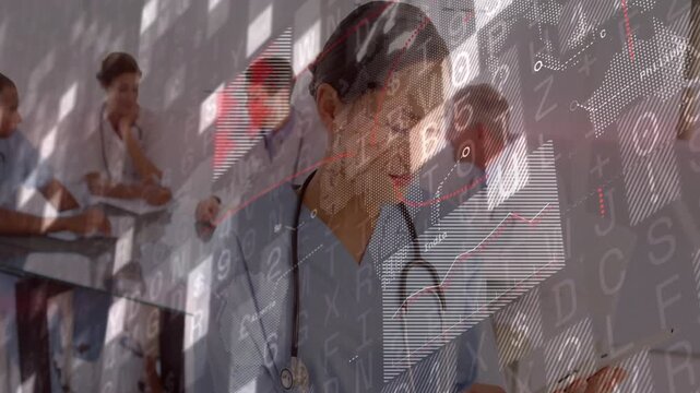 Nurse tapping device in medical meeting, animated charts across frame showing data for team review