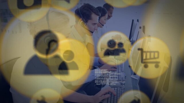 Support agents typing while yellow overlay shifting, revealing call-center activity with headsets