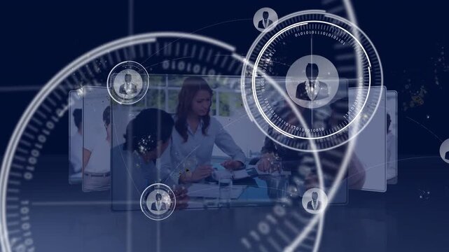 Panels rotating revealing business team at table, HUD rings appearing right aligning badges for ID