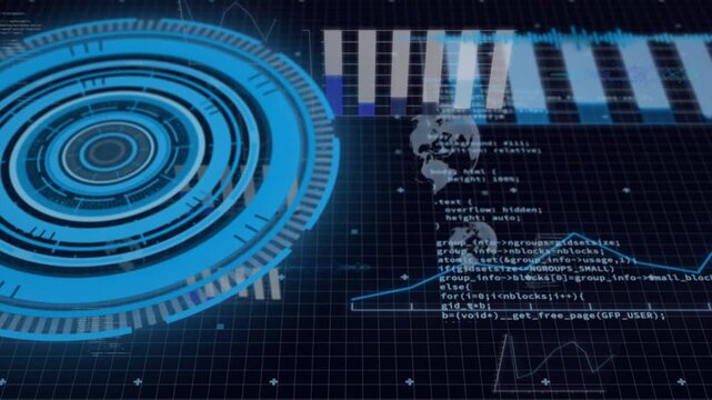 New data arriving, cyan HUD rotating as code scrolling, bars rising and globe fading, showing data