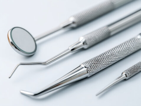 Set of professional stainless steel dental instruments including mirror and probes arranged on a clean white surface showcasing precision tools for oral care and exa