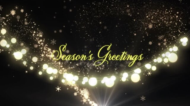 Animation of seasons greetings text over snow falling and light spots