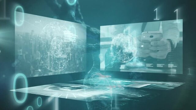 Animation of binary code and diverse data over screens with diverse information