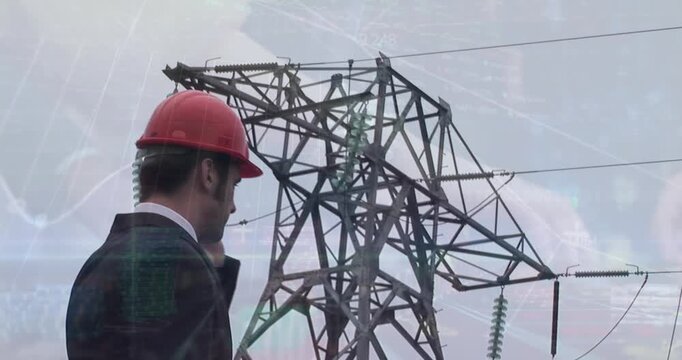 Animation of data processing over caucasian businessman and pylon